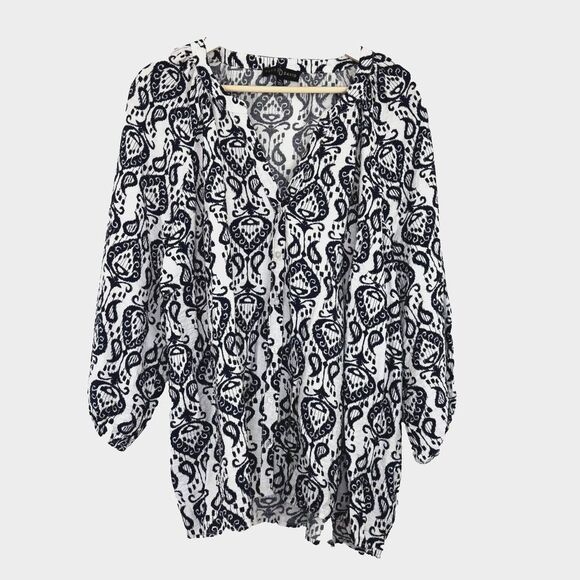 Fred David Women's Blouse Button Up Sz 3X Black White Boho Peasant‎ - Picture 1 of 12